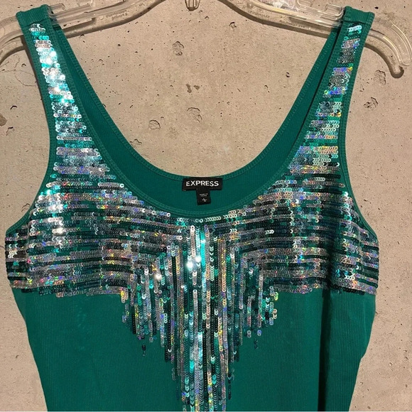 Express Tank Top Shirt Size Large Sequin Front Sexy Bright Bold Green 80s Y2K - Picture 2 of 7